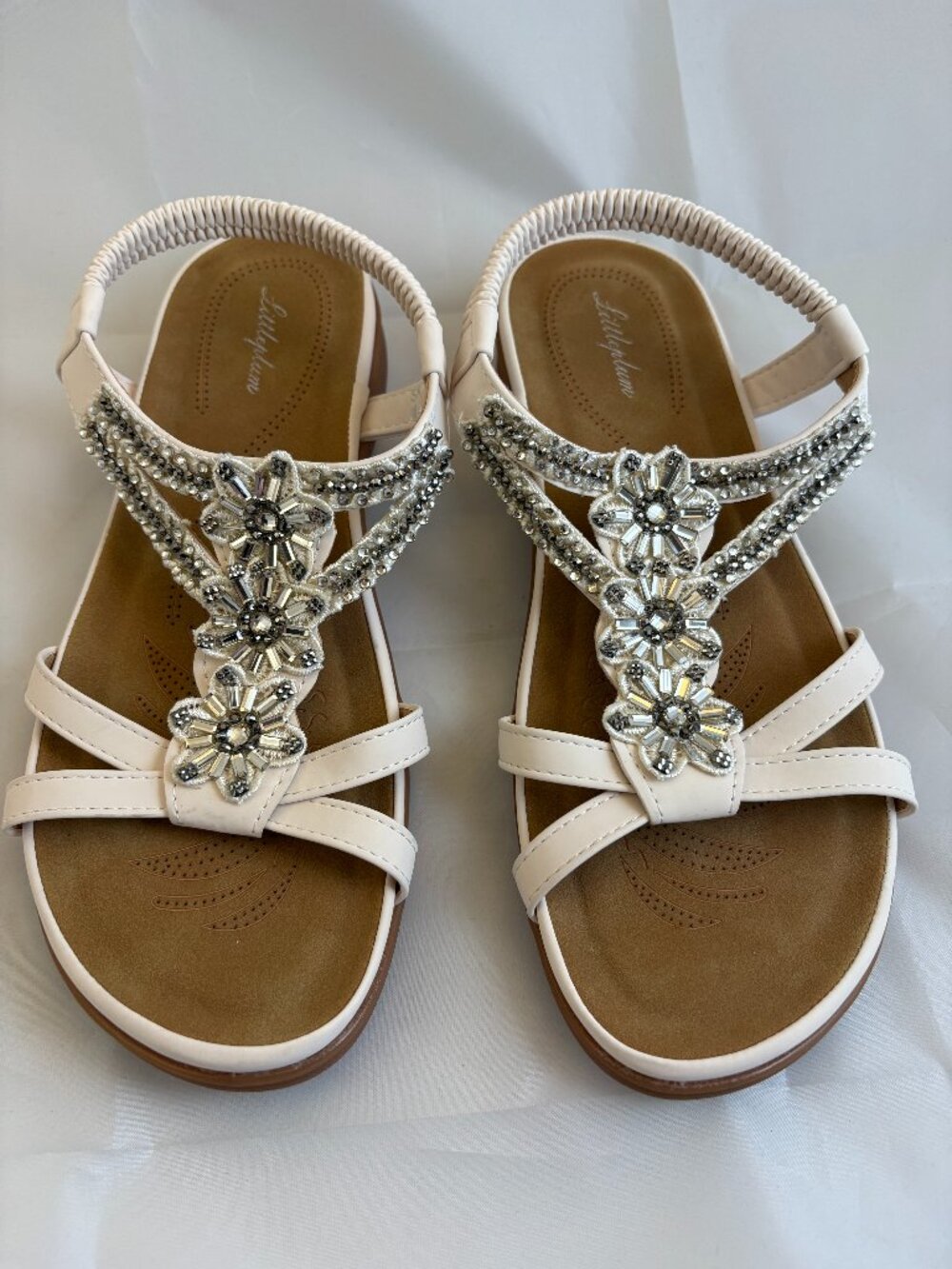 Littleplum Women's Size 41 Cream Rhinestone Floral Embellished Flat Sandals